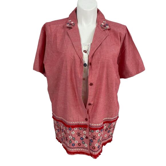 Bobbie Brooks Shirt Womens Size 20W Red 2X Embroidered Floral Work Office Casual - Picture 10 of 16